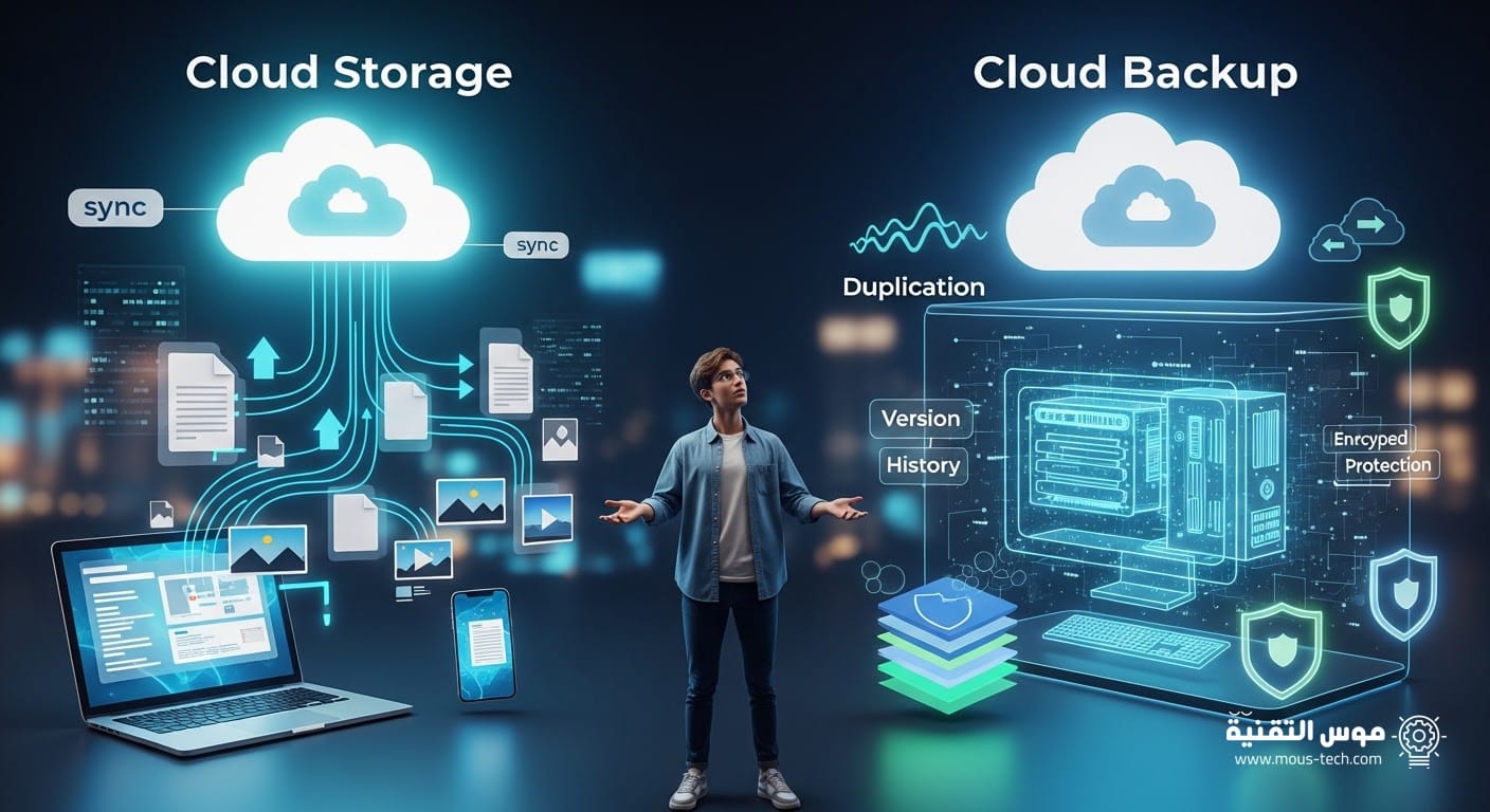 ما الفرق بين التخزين السحابي والنسخ الاحتياطي السحابي؟ شرح تقني مبسّط مع أمثلة واقعية